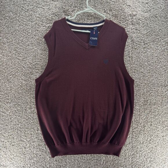 Chaps Sweater Vest Mens XL Red Maroon V Neck Pullover Knit New With Tags Cotton - Picture 1 of 13